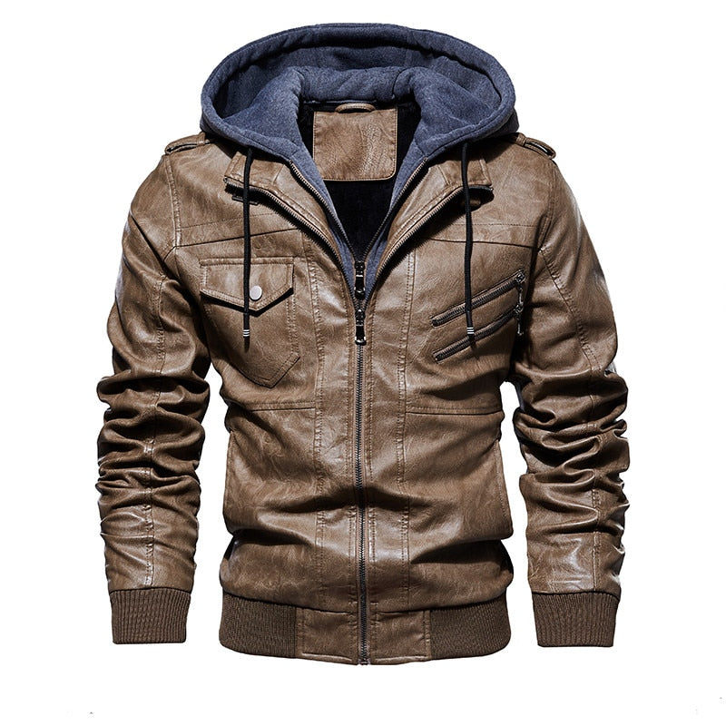 Leather Jacket with Removable Hood