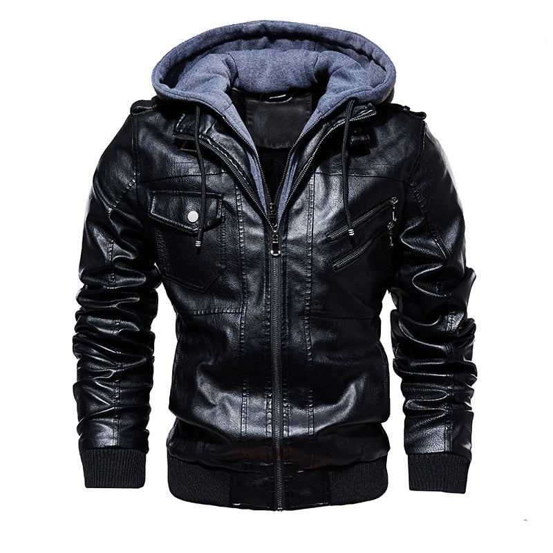 Leather Jacket with Removable Hood