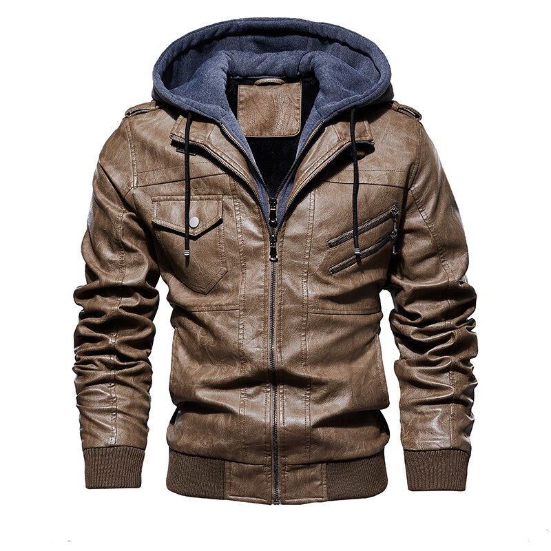 Leather Jacket with Removable Hood