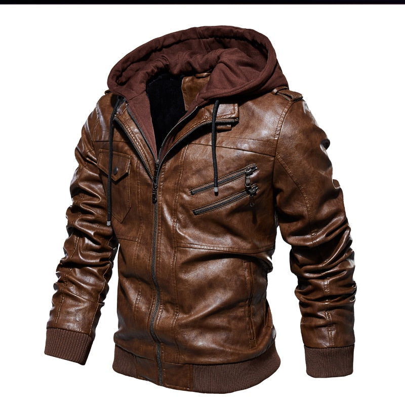 Leather Jacket with Removable Hood